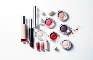 AI generated some makeup items arranged on top of each other on a white background, photo