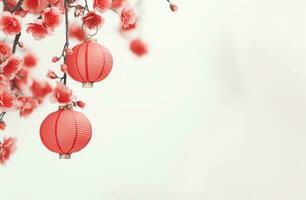 AI generated red chinese lanterns and flowers on a white background photo