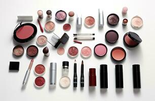 AI generated some makeup items arranged on top of each other on a white background, photo