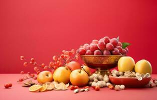 AI generated the chinese new year with fruits and decorations on red background, photo