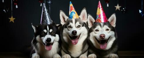 ai generado Tres perros son vistiendo fiesta sombreros foto