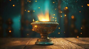 AI generated the lights in an urn with bokeh on a wooden table, photo