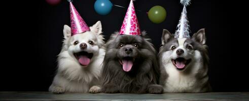 ai generado Tres perros son vistiendo fiesta sombreros foto