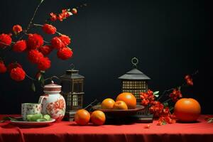 AI generated red lanterns, fruits, oranges, lemons and paper cranes. photo