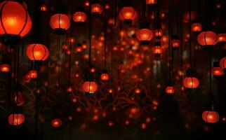 AI generated red chinese lanterns and candles in the background. photo