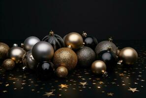 ai generado algunos Navidad decoraciones en un negro fondo, foto