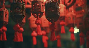 AI generated red lanterns hanging from a wooden tassel, photo