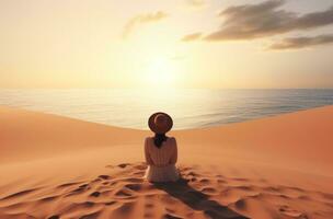 AI generated someone is sitting at the sand with her back to the sea, photo