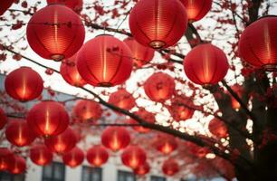 AI generated red lanterns are on a tree on the street photo