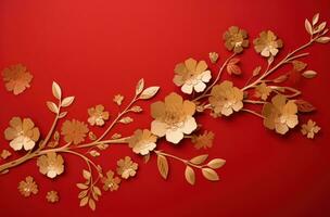 AI generated red paper with gold flowers is placed on a red background photo