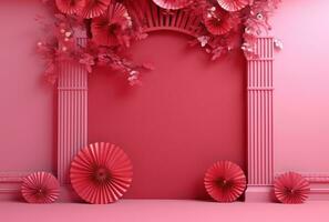 AI generated red paper fan with leaves in it on pink background in front of the door photo