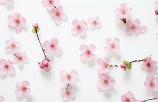 AI generated tiny pink flowers, leaves and stems floating on a white surface, photo