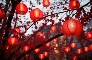 AI generated some red lanterns are hanging off red branches, photo