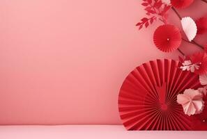 AI generated red paper fan with red leaves and buds and pink background photo