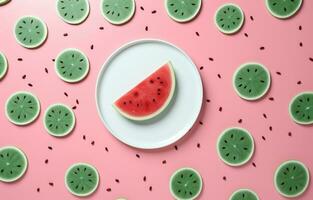 AI generated watermelon and green leaves in a white plate, photo