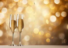AI generated two champagne flutes are on front of a gold background photo