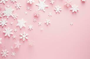 AI generated white snowflakes scattered on a pink background photo