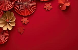 AI generated red paper fan flower on red background photo