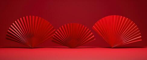 AI generated three red fan designs sitting on a red background, photo