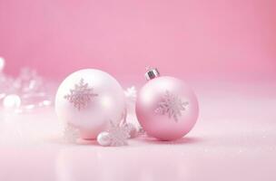 AI generated white christmas decorations arranged in a circle on a pink background photo