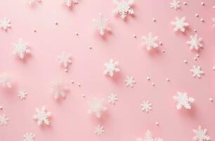 AI generated white snowflakes scattered on a pink background photo