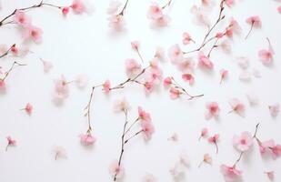 AI generated tiny pink flowers, leaves and stems floating on a white surface, photo