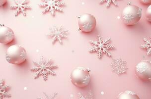 AI generated white christmas decorations on pink background with white snowflakes, photo