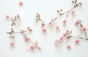 ai generado minúsculo rosado flores, hojas y tallos flotante en un blanco superficie, foto