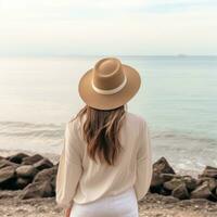 AI generated woman is looking at the sun at the beach in white with hat, photo