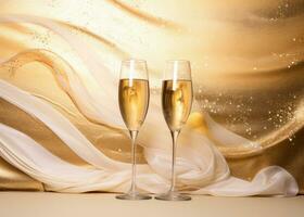 AI generated two glasses with champagne and some champagne bottle on a gold background photo