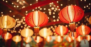 ai generado tradicional chino papel linternas en hermosa luces bokeh foto
