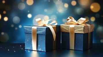 AI generated two christmas gift boxes in blue on a bokeh background, photo