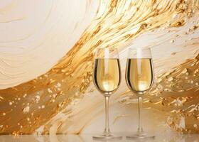 AI generated two glasses with champagne and some champagne bottle on a gold background photo