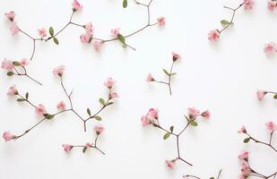 AI generated tiny pink flowers, leaves and stems floating on a white surface, photo