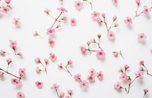 AI generated tiny pink flowers, leaves and stems floating on a white surface, photo