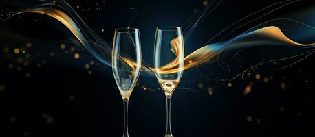 AI generated two golden glasses of champagne filled with bubbly, photo
