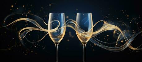 AI generated two golden glasses of champagne filled with bubbly, photo