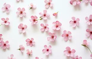 AI generated tiny pink flowers, leaves and stems floating on a white surface, photo