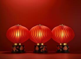 AI generated three chinese lanterns with fan on red background, photo