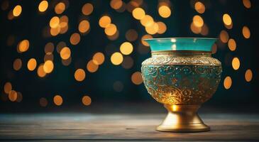 AI generated the lights in an urn with bokeh on a wooden table, photo