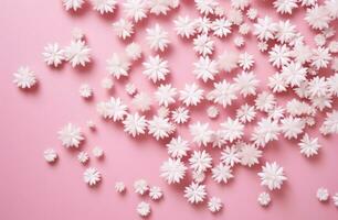 AI generated white snowflakes scattered on a pink background photo