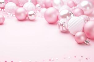 AI generated white christmas decorations on pink background with white snowflakes, photo