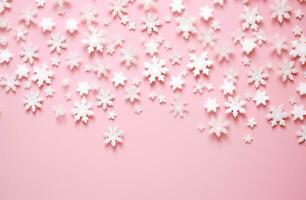 ai generado nieve copos en un rosado antecedentes foto