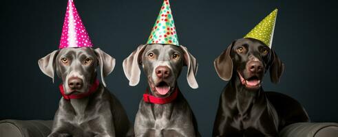 ai generado Tres perros son vistiendo fiesta sombreros foto