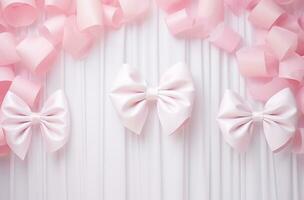 AI generated snowy white decoration and bows on pink background photo