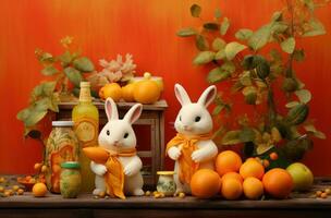 AI generated three rabbits with a bottle of oranges next to them, photo