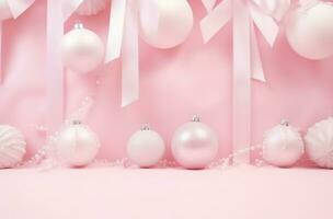 AI generated snowy white decoration and bows on pink background photo