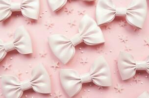 AI generated snowy white decoration and bows on pink background photo