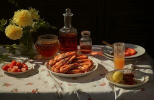 AI generated shrimps are on a table with some tea photo