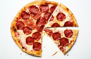 AI generated sliced pepperoni pizza in white background, photo